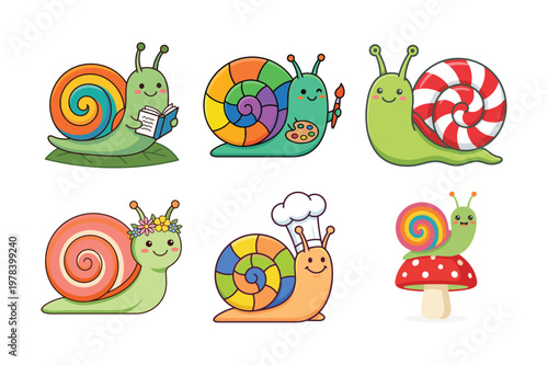 Set of 6 Hand-Drawn Colorful Snail Illustrations for Kids Crafts and Design.