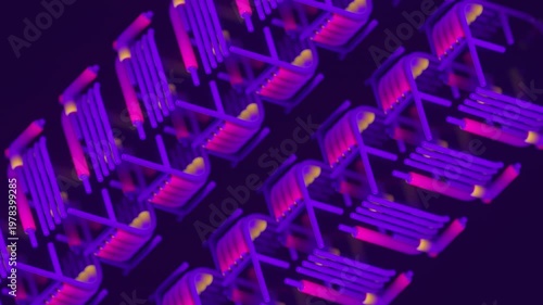 Abstract 3D loop. Purple and orange neon tubes rhythmically moving in isometric space. Seamless futuristic background for cyberpunk content, IT technologies, and VJ installations