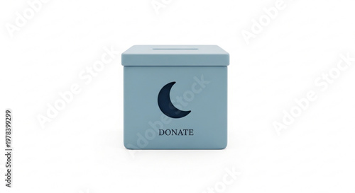 Blue charity donation box with crescent moon icon on white background