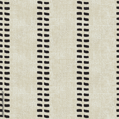 Abstract geometric dashed lines vertical pattern. Vertical stripes neutral border. Simple minimal design. Modern cotton cloth ikat tribal mudcloth fabric burlap. 