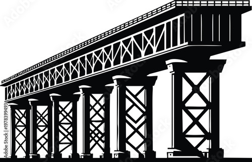 Black and white illustration of a long railway bridge with strong pillars representing infrastructure and transportation isolated on white background