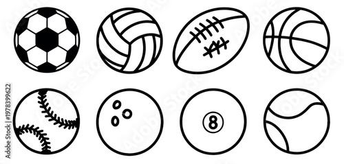 Sport balls icon set modern vector illustration athletic game balls collection football soccer basketball tennis baseball golf symbols isolated on white background