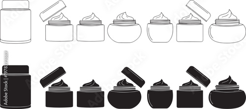Elegant variety of skincare cream jar illustrations, featuring open and closed lids in both black silhouette and clean line art for versatile design applications
