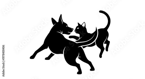 Dog and Cat Silhouette Playing Together