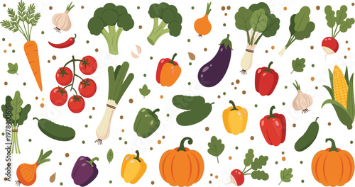 Fresh Vegetables Vector Collection with Tomato Carrot Broccoli Pumpkin Pepper Eggplant Corn and Organic Farm Ingredients in Flat Illustration Style Design.