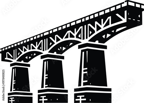 Black and white illustration of a railway viaduct bridge a strong architectural structure for transportation and engineering concepts isolated on white background