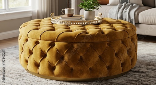 Large round tufted ottoman in mustard yellow velvet, with a brass base, serving as a coffee table with a tray on top, cozy living room, hyperrealistic velvet texture, 4k.