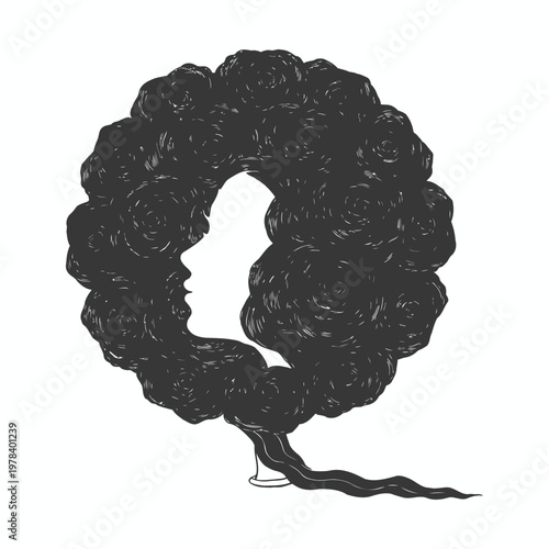 Vector illustration of an abstract human head and brain silhouette featuring a floral pattern and artistic face design as a creative symbol icon