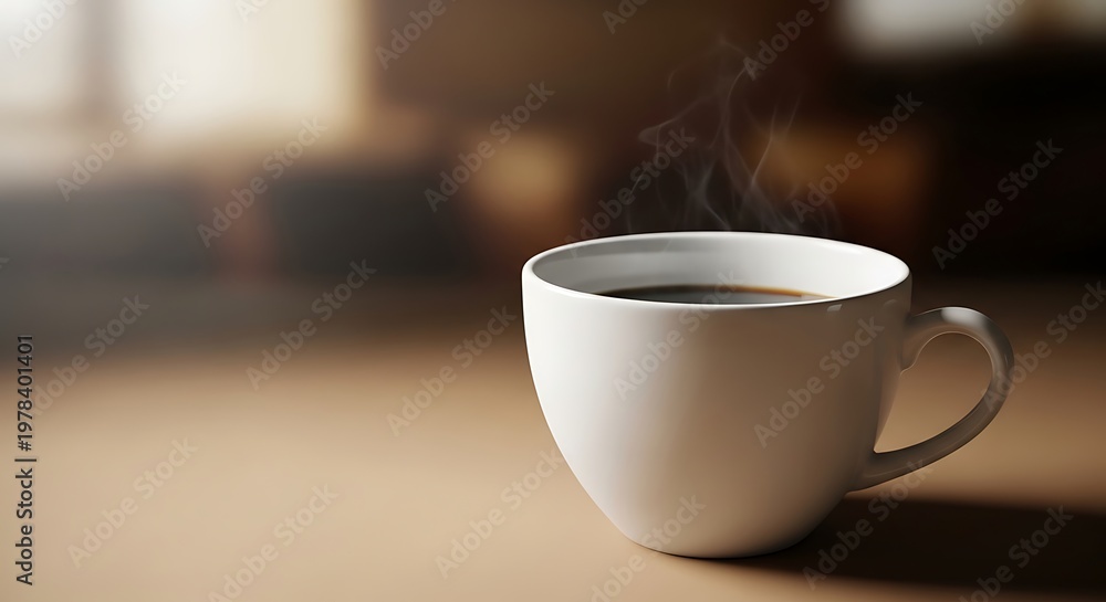 Fototapeta premium Steaming coffee in white mug on brown table with blurred background