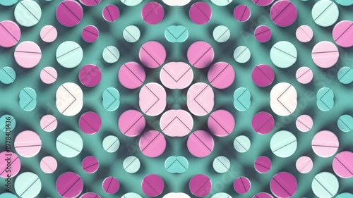 A vibrant 3D animation with a kaleidoscopic pattern of multicolored, pastel-toned pills. The seamless looping graphic creates a hypnotic, symmetrical effect. Perfect for modern medical design