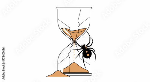 Black widow spider sitting on a broken hourglass with sand leaking out.