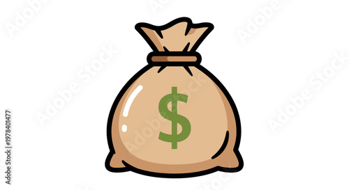 Cartoon style illustration of a beige money bag with a green dollar sign symbol.