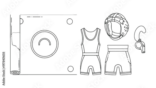 Wrestling Gear Layout: This stark outline showcases the essential gear and equipment required for wrestling. Detailed and uncluttered, it's perfect for conveying technical and instructional purposes.
