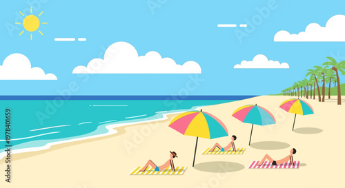 People relaxing on the sandy beach under colorful umbrellas.