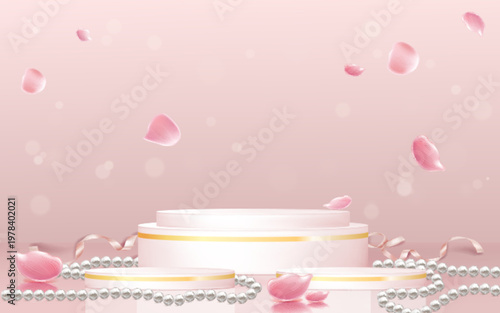 Spring podium with pink sakura blossom and flying petals on pastel background. Elegant 3D platform with delicate cherry flowers for cosmetic product display. Feminine Japanese floral stage.