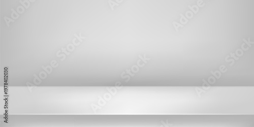 White studio background with elegant 3d limbo podium and floor for product display. Minimalist room with gradient lighting, empty platform and clean grey wall in blank backdrop space bg.