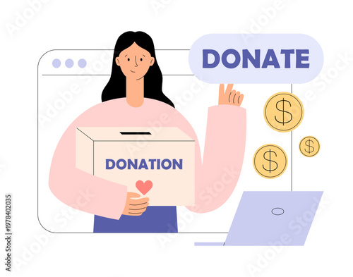 Online donation concept with woman holding donation box and laptop. Digital charity, fundraising and money support. Flat vector illustration