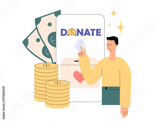 Digital donation and fundraising concept with person using smartphone. Online charity, payment and financial support. Flat vector illustration