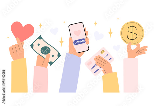 Hands holding money, smartphone and donation symbols. Online charity, crowdfunding and financial support concept. Flat vector illustration
