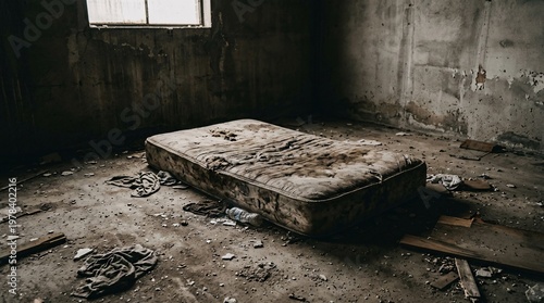 Grungy heavily stained old mattress lying on a dusty floor in an abandoned concrete room, dramatic shadows, cinematic grunge.