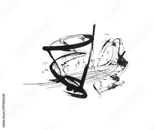 Dessin abstrait à l'encre, composé de formes circulaires en noir et blanc.	
