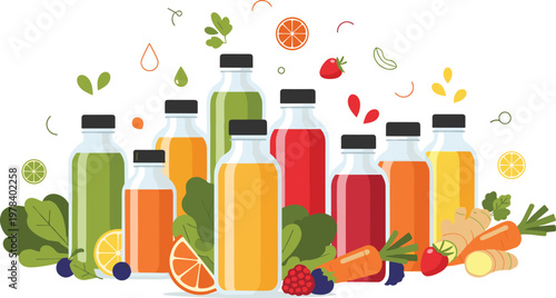 Fresh Juice Bottles Vector Illustration with Fruit and Vegetable Drinks Orange Berry Carrot Detox Smoothie and Healthy Beverage Elements in Flat Style.