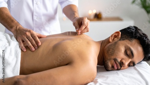 Close‑up scene of a healthcare professional performing acupuncture on a patient’s. Thin needles are inserted with precision in a calm clinical setting, highlighting traditional medical practice.