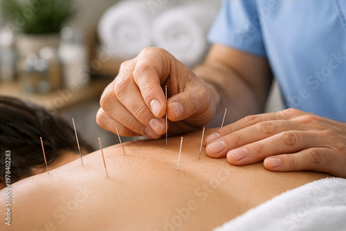 Close‑up scene of a healthcare professional performing acupuncture on a patient’s. Thin needles are inserted with precision in a calm clinical setting, highlighting traditional medical practice.