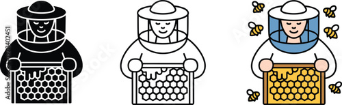 Set of professional beekeeper icons featuring a person in protective gear holding a honey honeycomb frame with bees.