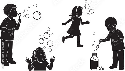 Delightful illustration capturing the joyful essence of childhood as happy children play with soap bubbles, blowing, chasing, and enjoying carefree outdoor fun and playful moments