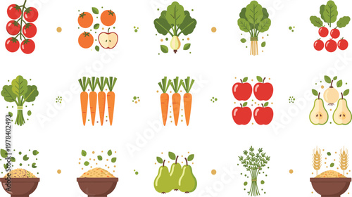 Fresh Organic Food Vector Set with Fruits Vegetables Grains Apples Carrots Pears Tomatoes and Farm Produce in Flat Illustration Style Design.