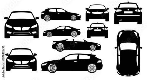 Car Silhouettes: Multiple Views of Automobiles - Front, Side, Top