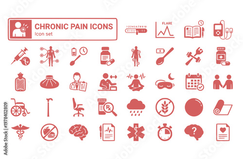 Chronic Pain Icon Set Pain Scale Flare Tracking Trigger Diary TENS Unit Nerve Block Pain Mapping Pacing Spoon Theory Chronic Illness App Vector Illustration