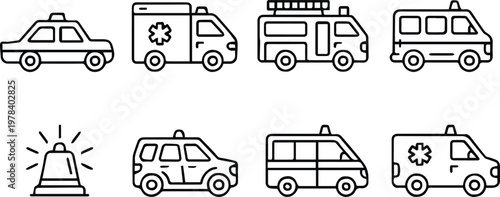ambulance and police car fire truck rescue vehicle outline icons
