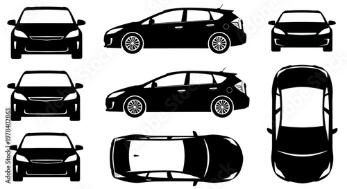 Car Views Silhouette: Front, Side, Top, Back - Vector Illustration