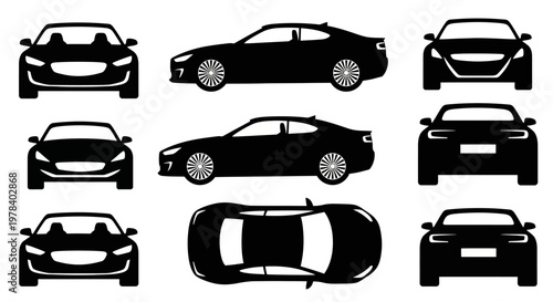 Collection of Black Car Silhouettes from Multiple Angles: Front, Side, Top View