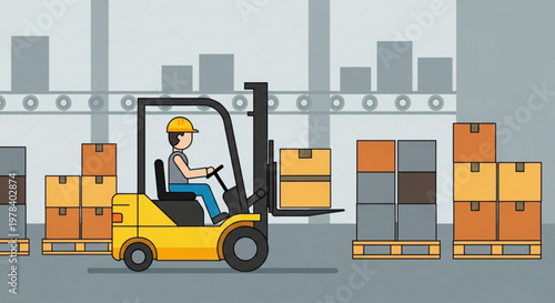 Warehouse worker operates forklift with boxes on pallets in industrial setting with city skyline background