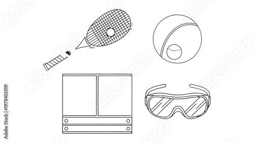 Tennis Accessories Collection: An artful assortment of tennis gear is delicately laid out, each element drawn with precision and clarity, a testament to the sport's elegant simplicity.
