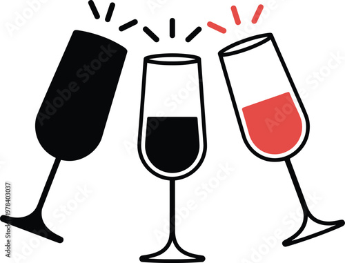 Set of three elegant wine glass icons featuring black silhouette thin line art and red wine pour for celebration and toast