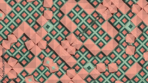 Abstract 3D animation. Rhythmic movement of 3D rhombuses in soft peach and gray-green tones. Seamless looping graphics with a breathing surface effect. A stylish background for modern design