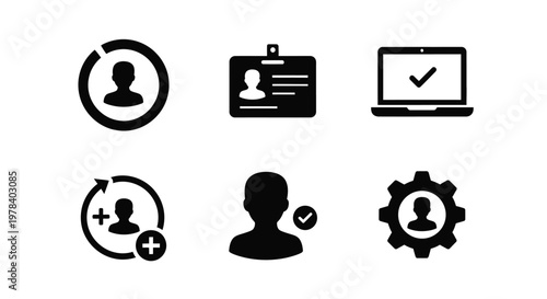 A collection of black glyph icons representing user profiles identification and account management