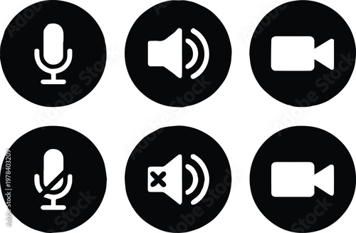 microphone mute speaker camera icons set for ui controls