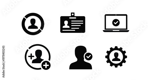 A collection of black glyph icons representing identity verification access and user management