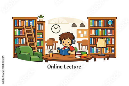 Flat vector of a library interior with shelves, ladder, and reading student