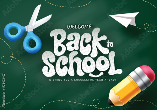 Welcome Back to School greeting text template clipart design. Back to School greeting text grid line font style clip art in green board background with pencil and scissor School supplies for learning