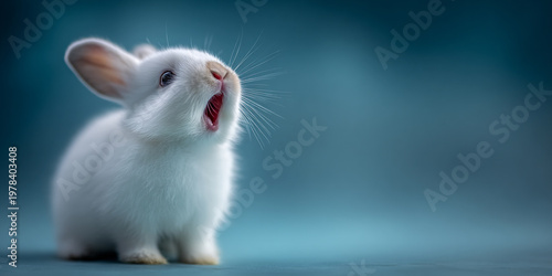 Cute Fluffy White Baby Rabbit Yawning on Soft Blue Background