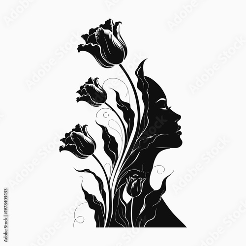 Elegant black and white vector floral background featuring a vintage rose pattern with leaf ornaments and nature silhouettes for a decorative summer art illustration