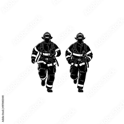 Two firefighters in uniform running.