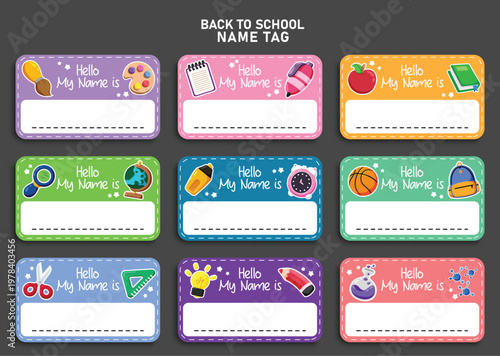 Back to School Name Tag template clipart set design. School Kids Name Tags with colorful educational School elements for kindergarten and elementary student planner, textbook notebook and diary