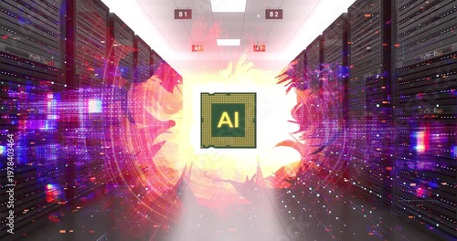 Artificial intelligence processor in a modern data center. AI Technology Related 3D Computer Animation.
